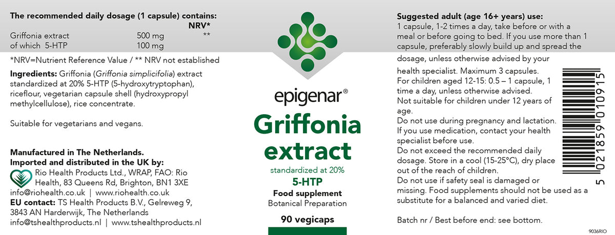 Epigenar Griffonia Extract 5-HTP 100mg 90 Veg Capsules