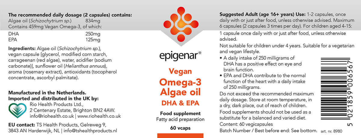 Epigenar Vegan Omega-3 Algae Oil DHA & EPA - 60 Capsules